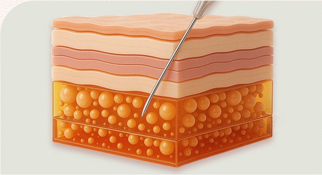 피부 단면과 피하지방층에 주삿바늘(캐뉼라)이 주입되는 3D 일러스트